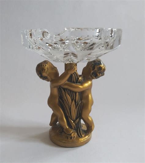 Vintage Mcm Cut Glass Ashtray On Goldtone Metal Pedestal With Naked