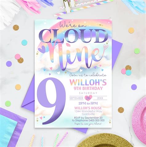 Cloud 9 Birthday Invitation Editable Cloud Nine Birthday Invitation