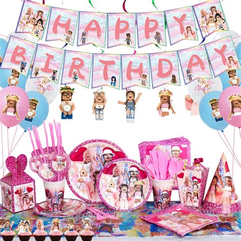 Jom Party Pink Girl Robux Roblox Happy Birthday Banner Latex Balloon Party Cap Plate Cup Themes