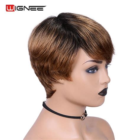 Wignee Peluca De Cabello Humano Liso Corto Con Flequillo Libre Para