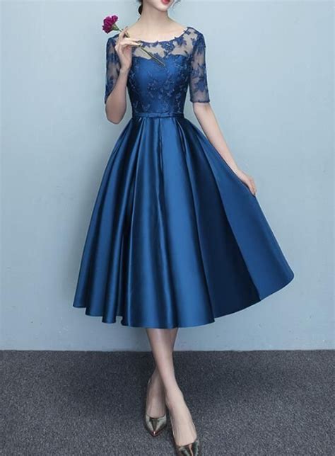 Blue Short Sleeves Tea Length Formal Dress Blue Bridesmaid Dresses W