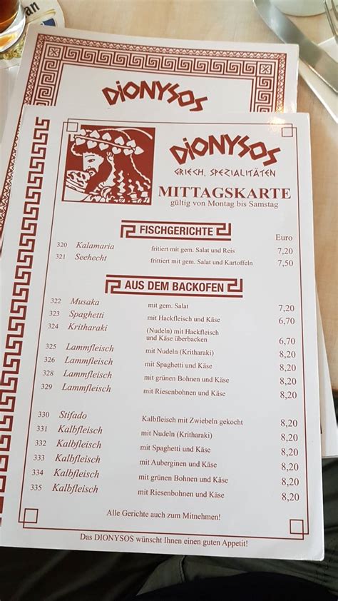 Speisekarte Von Restaurant Dionysos Eching