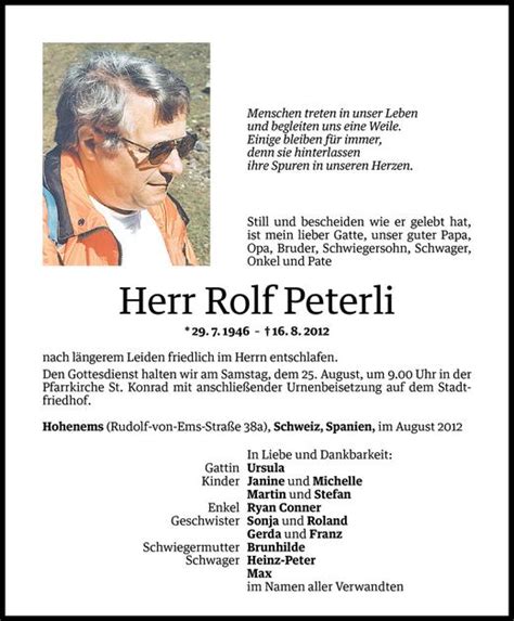 Todesanzeigen Von Rolf Peterli Todesanzeigen Vorarlberger Nachrichten