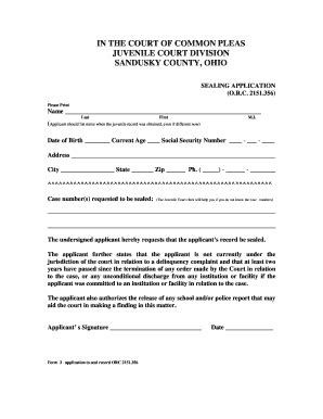 Fillable Online Sandusky County Juvenile Record Sealing Application