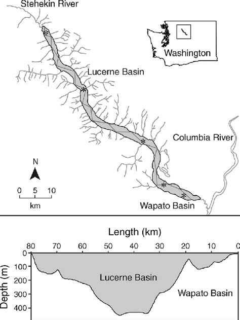 Top Panel Map Of Lake Chelan Washington Usa Showing Principal