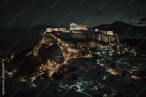 night view of acropolis in Athens, flying above illuminated Parthenon in Athens in the evening ...