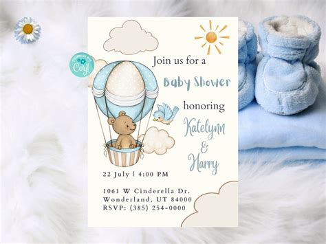 Teddy Bear On Hot Air Balloon Baby Shower Invitation It S A Boy Party Blue Theme Digital