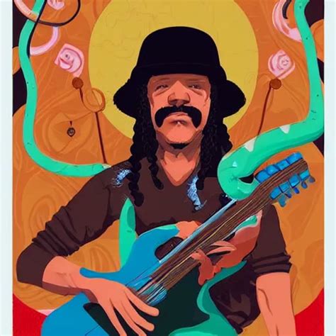 Portrait Of Carlos Santana Playing Guitar With Snakes Stable