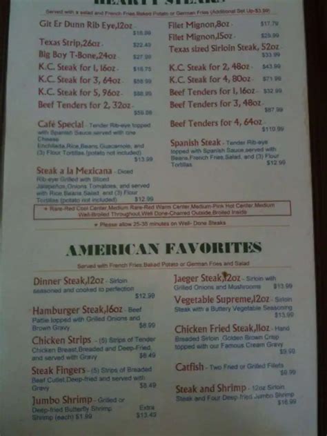 Menu at Western Sky steakhouse, San Angelo