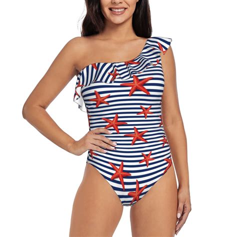 Bingfone Starfish Navy Blue Stripe Print Womens One Piece Swimsuits One