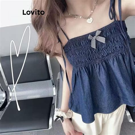 Lovito Women Casual Plain Smocked Bow Tank Top Lna Shopee