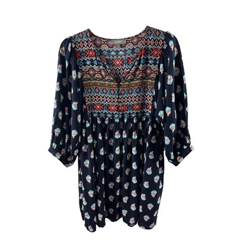 Umgee Tribal Mixed Print Baby Doll Tunic Dress Size M Gem