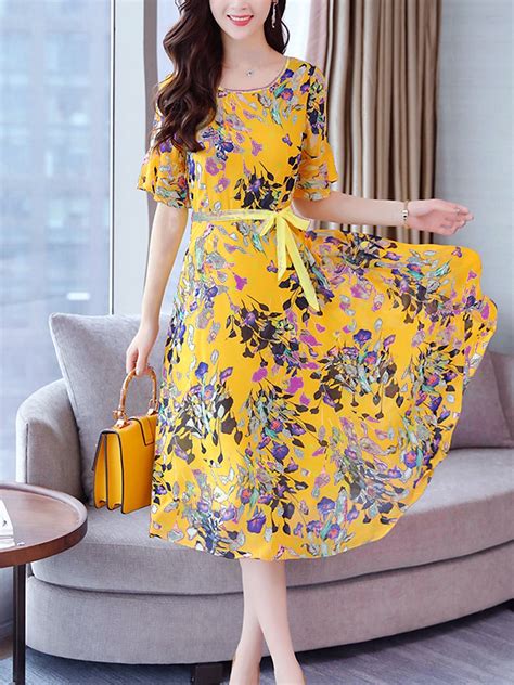 Yellow A Line Round Neck Printed Pattern Polyester Midi Dresses Style