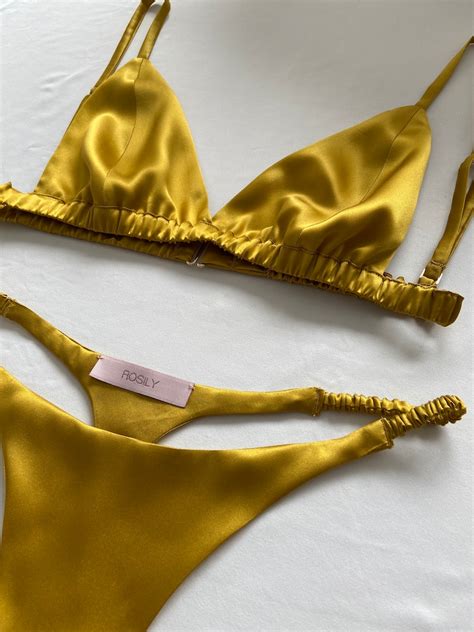 Mustard Yellow Silk Lingerie Set 100 Silk Bralette Thong Etsy