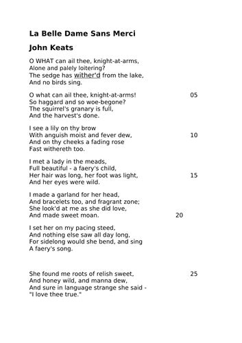 La Belle Dame Sans Merci Annotated Keats Poetry Aqa Ks5 Teaching Resources