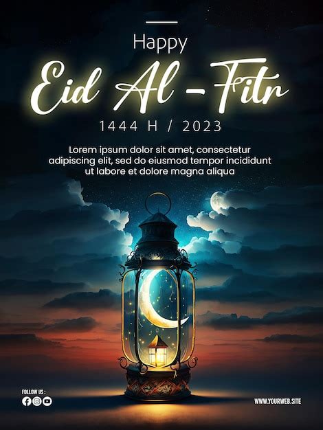 Cartaz Feliz Do Eid Alfitr Um Fundo De Lanternas Lua E Nuvens PSD