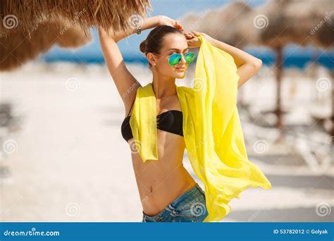Beautiful Woman Relaxes On A Tropical Beach Stock Photo Image Of Bikini Blue