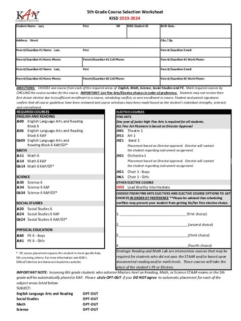 Fillable Online Th Grade Course Selection Worksheet Seven Lakes