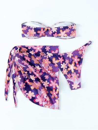 3 piezas con estampado floral Bañador bikini bandeau Falda de playa