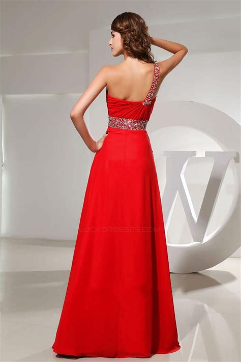 A Line One Shoulder Beaded Long Red Chiffon Prom Evening Dresses Ed