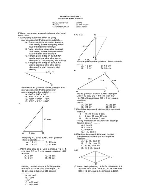 Soal Ulangan Teorema Pythagoras Kelas 8 Kurikulum 2013 Laila Zahira Fatin Pdf