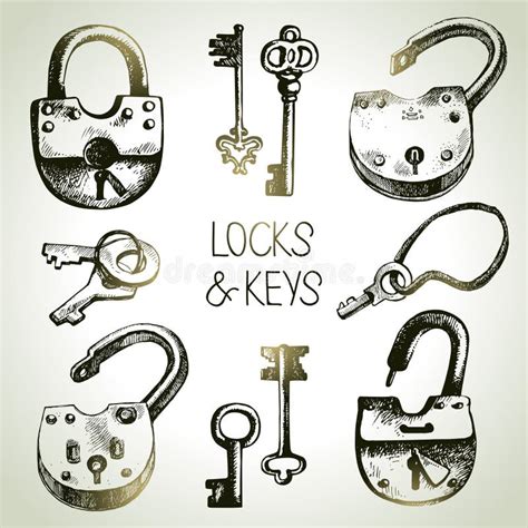 Hand Drawn Sketch Locks And Keys Set Vector Illustration Stock