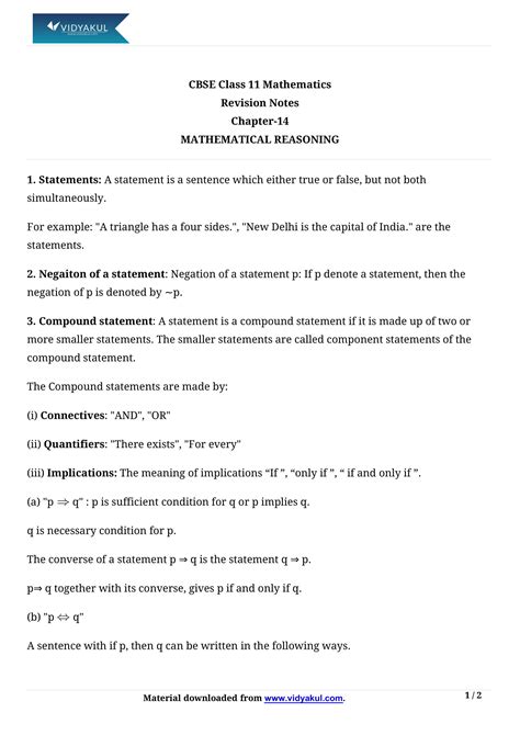 Class Th Math Mathematical Reasoning Formulas Cbse