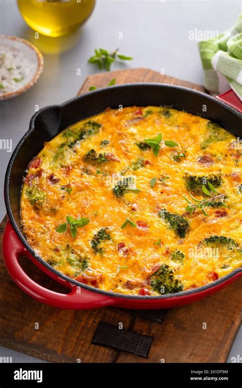 Healthy Frittata Or Quiche With Broccoli And Red Pepper Topped With