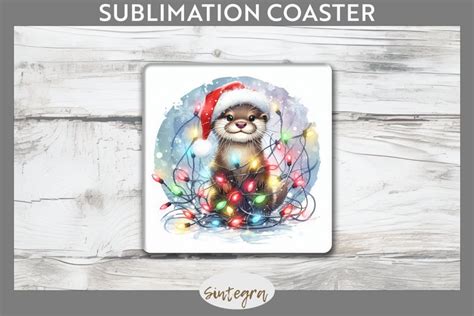 Christmas Otter Entangled In Lights Square Coaster Sublimati