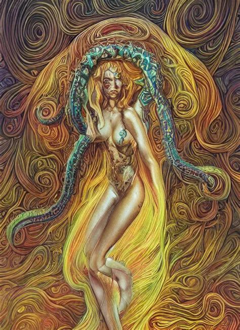 Beautiful Psychedelic Goddess Enrobed In Tentacles In Stable