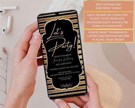 Digital Black Gold Birthday Party Invitation Electronic Birthday Invite Editable Template