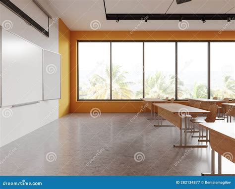 Stylish Classroom Interior With Table In Row And Chalkboard Mockup Window Stock Illustration