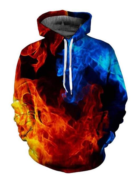 Fire Printed Hoodies Pullover Red And Blue Flame 3d Rrint Loose Mens