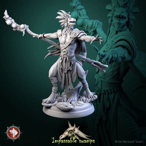 3d Printable Lizardfolk Sorcerer 32mm And 75mm Pre Supported By White