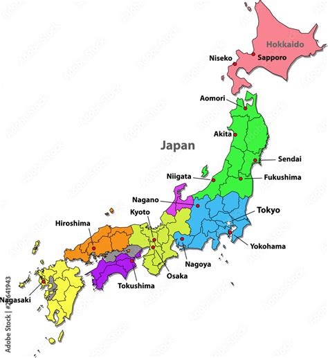 Color Map Of Japan With Regions On A White Background Stock