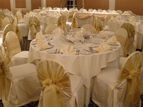 Traditional Ivory wedding- Ivory chair covers, Ivory linen with gold on ...