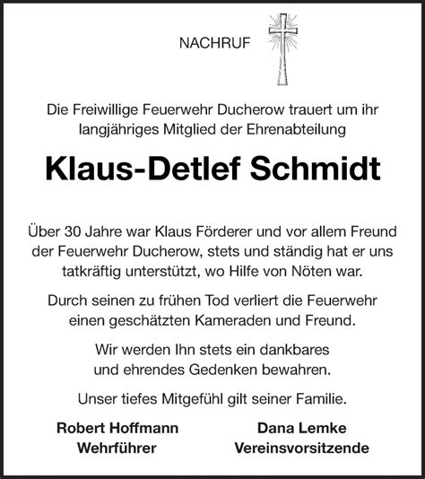 Traueranzeigen Von Klaus Detlef Schmidt Trauer Nordkurier