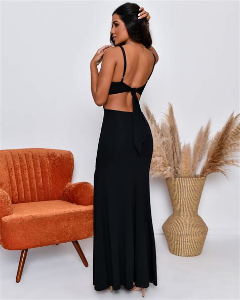 Fit You Vestido Miss Misses Longo Fenda Aberto Nas Costas Preto