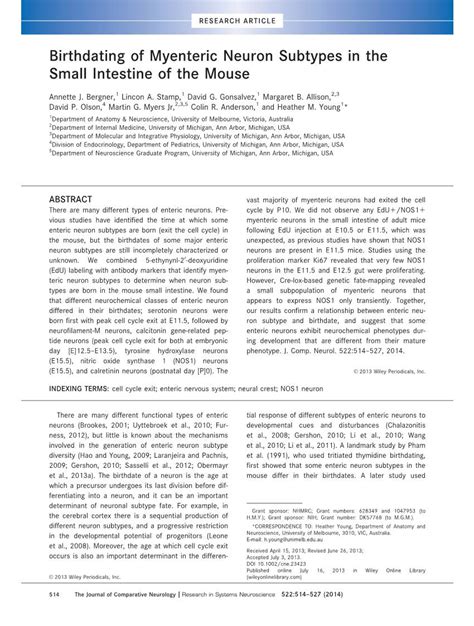 Birthdating Of Myenteric Neuron Subtypes In The Small Intestine Of The