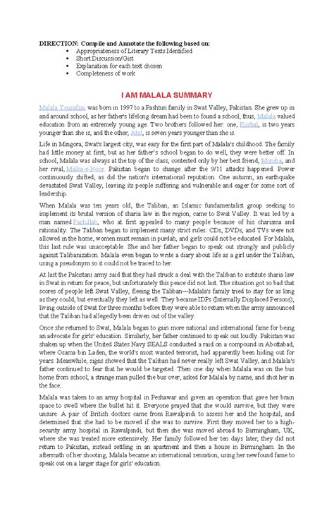 I Am Malala Summary - DIRECTION: Compile and Annotate the following