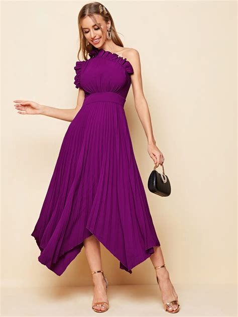 Shein Belle One Shoulder Ruffle Detail Pleated Hanky Hem Bridesmaid