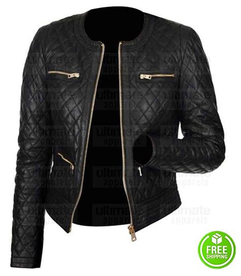 Women Quilted Leather Jacket Women Black Collarless Jacket