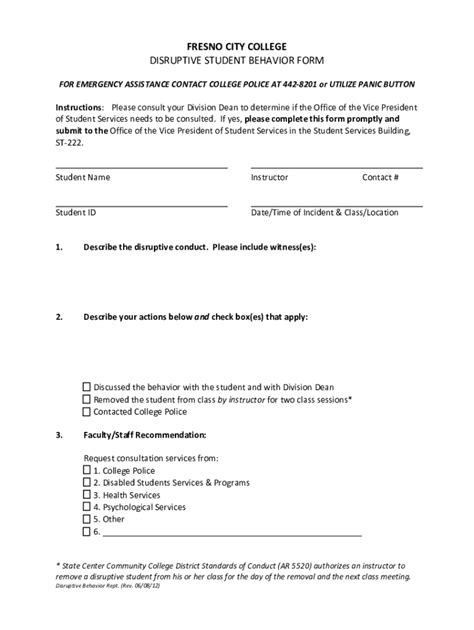 Fillable Online Fresno City College Disruptive Student Behavior Form