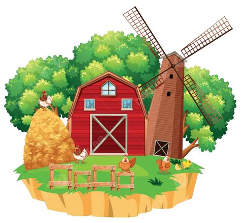 Rustic Landscape Featuring Wooden Windmill And Red Barn On Farm Vector