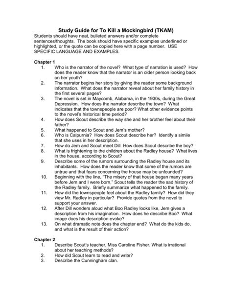 Allen Tkam Study Guide For To Kill A Mockingbird