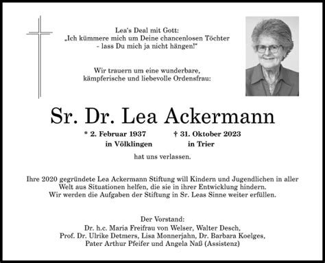 Traueranzeigen Von Lea Ackermann Rz Trauer De