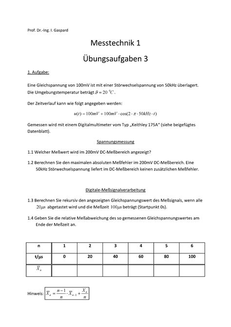 Übungsblatt 3 Prof Faber Prof Dr Ing I Gaspard Messtechnik 1