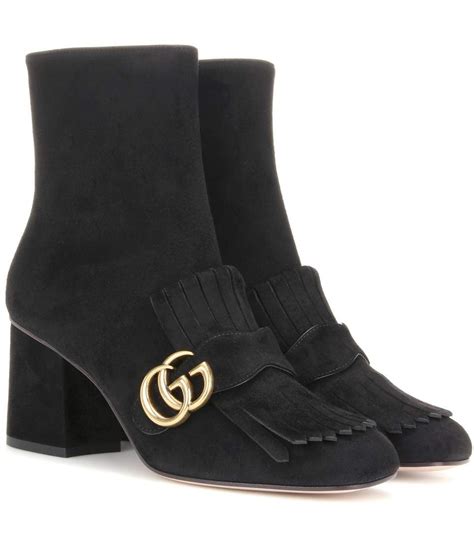 Gucci Marmont Fringed Logo Embellished Suede Ankle Boots In Black