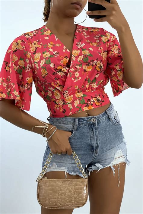 Fuchsia Bloemen Crop Top Overslag Top Met Wijde Mouwen