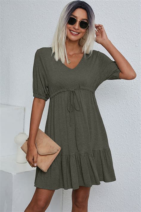 V Neck Drawstring Waist Solid Casual Mini Dress Beachsissi